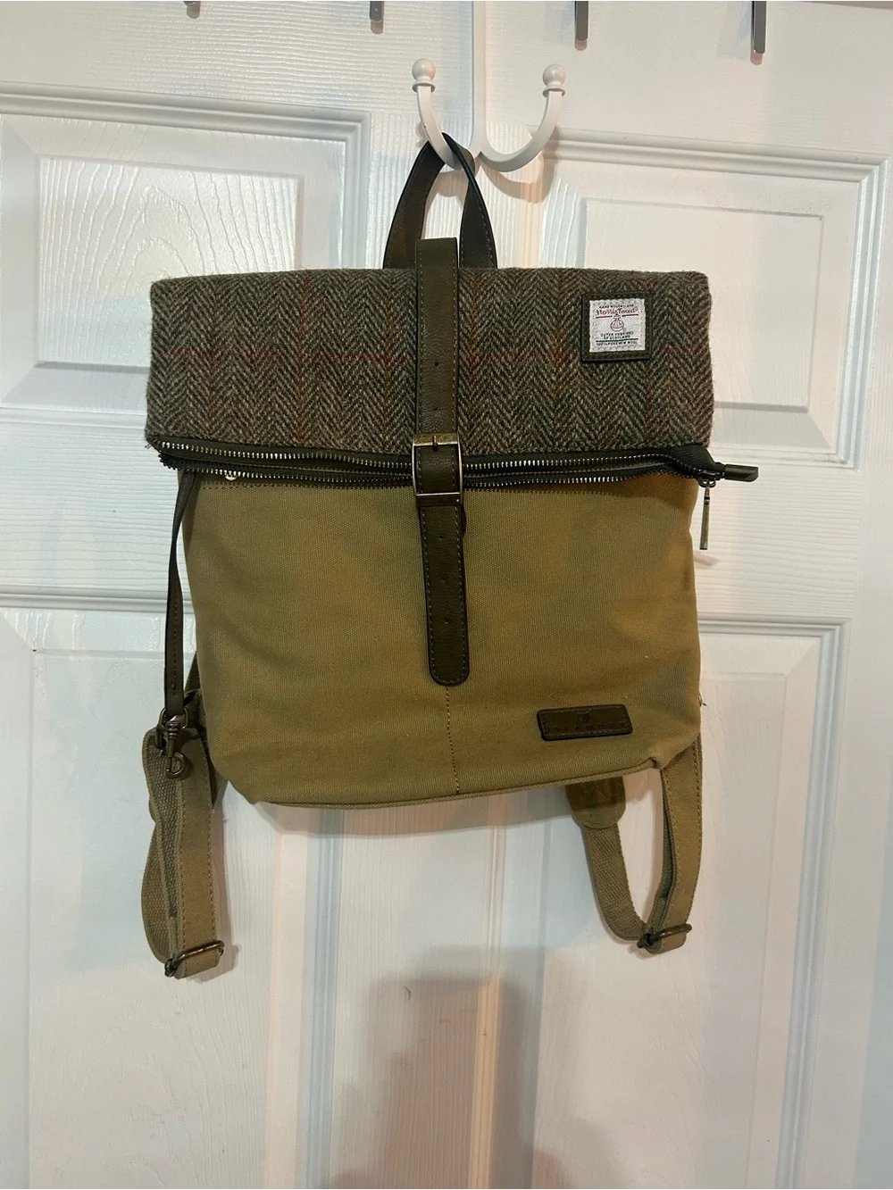 Harris Tweed Canvas Roll-Top Backpack with Tweed Trim - Olive Green